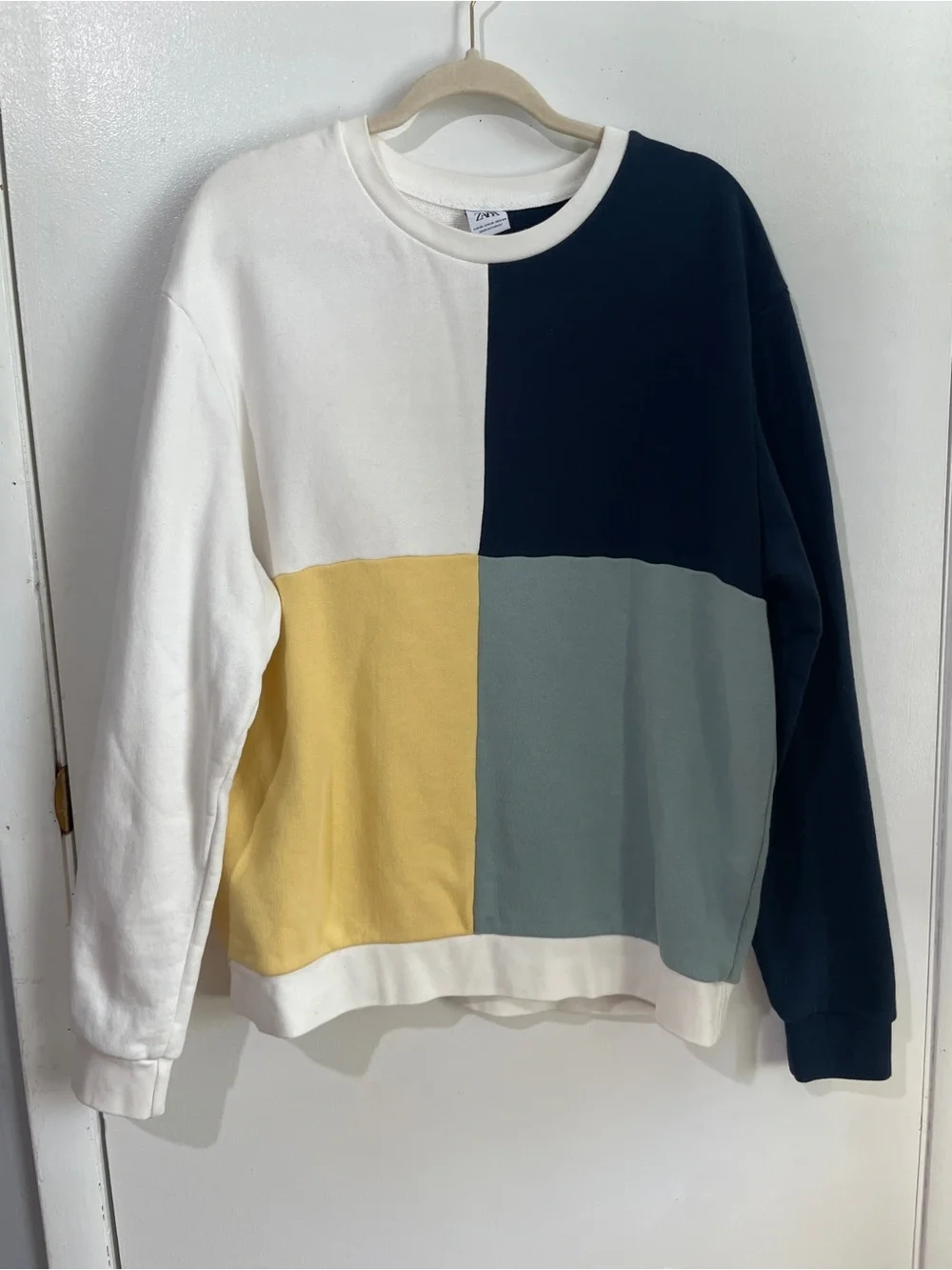 Zara Colorblock Crewneck Sweater in Ivory, Navy, Yellow & Sage